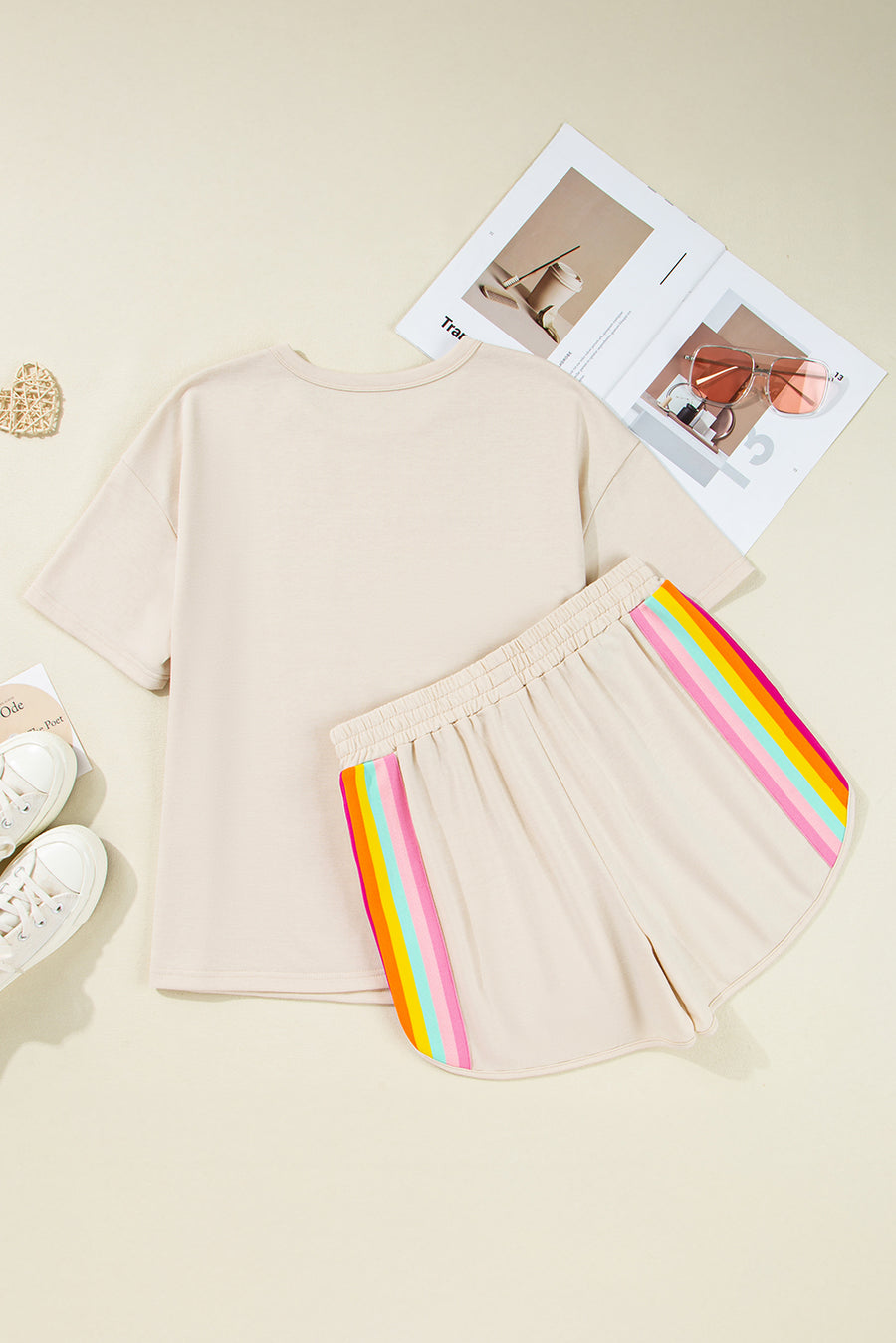 Beige Rainbow Striped T-Shirt and Short Set