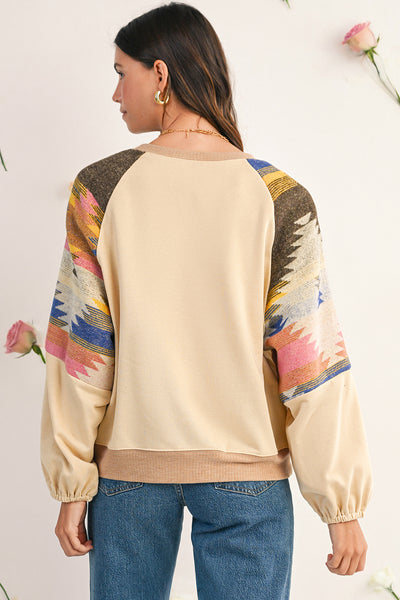 Light French Beige Geometric Patchwork Raglan Sleeve Pullover Sweatshirt