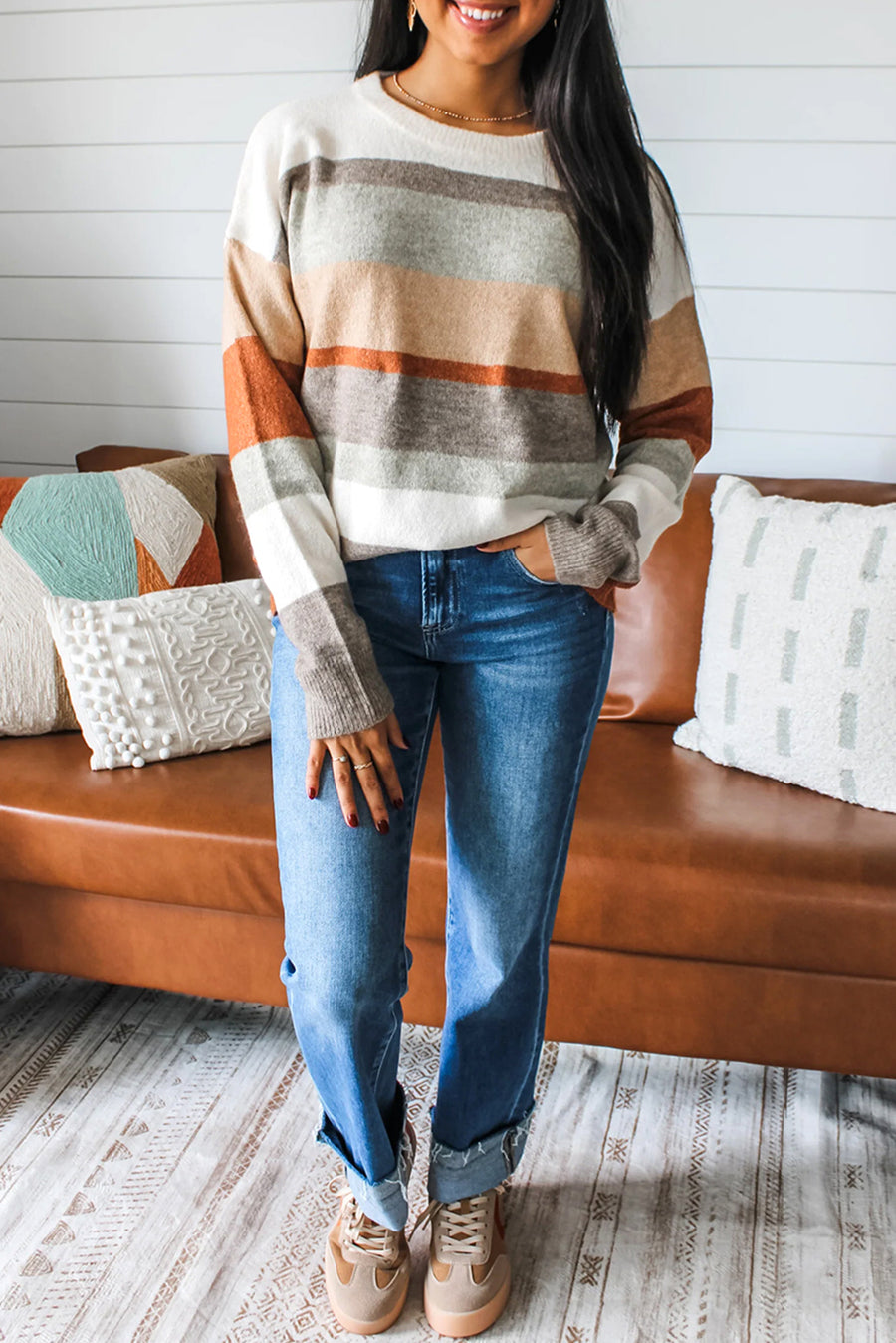 White Color Block Striped Crew Neck Drop Sleeve Sweater