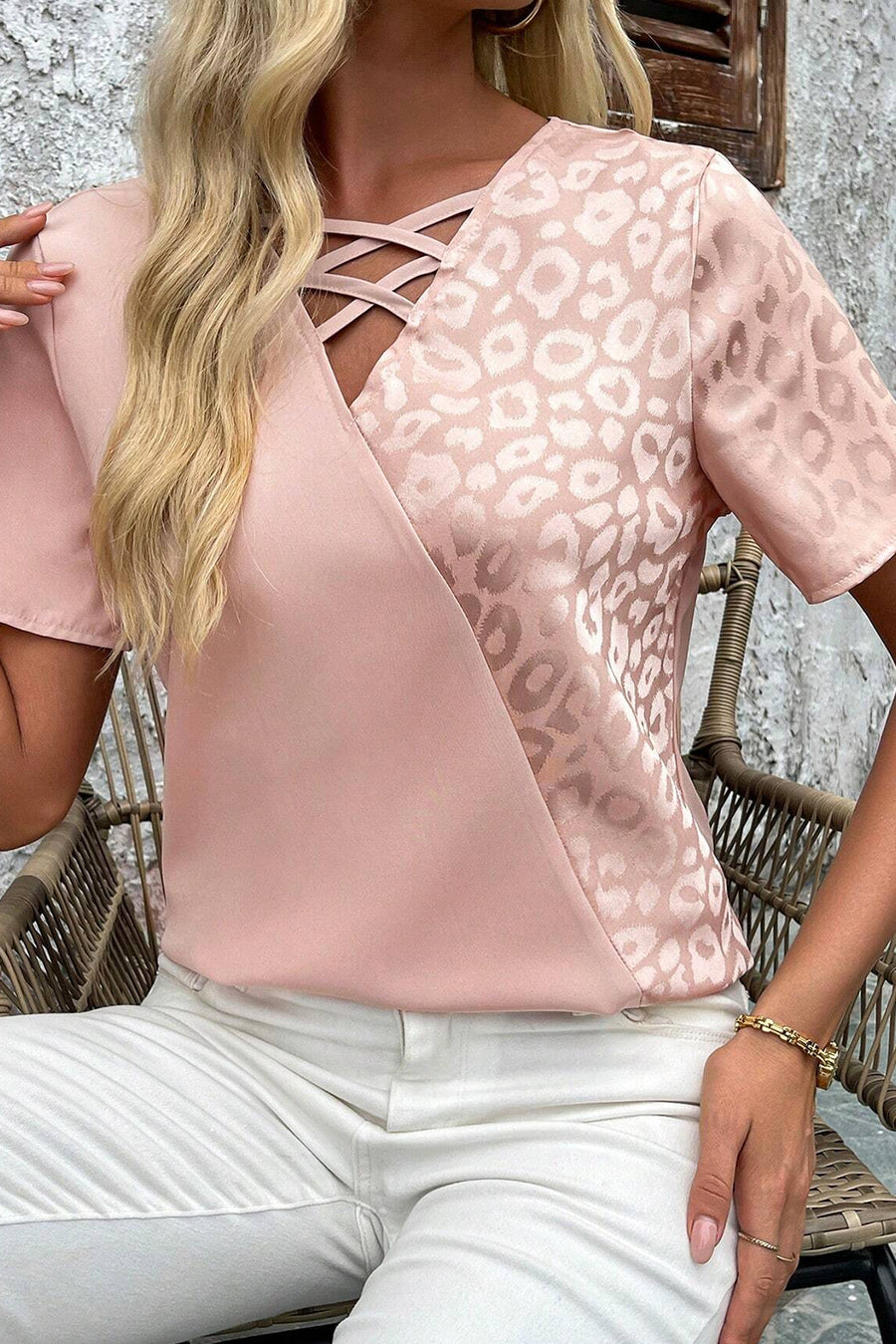 Apricot Leopard Print Criss-Cross V-Neck Blouse