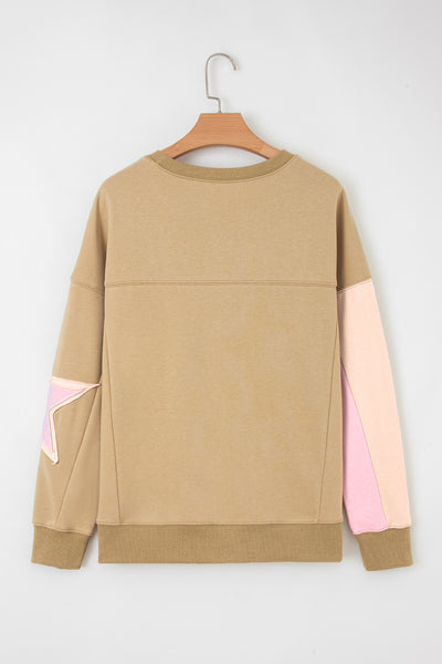 Rose Pink Star Patchwork Exposed Seam Uneven Hem Sweatshirt