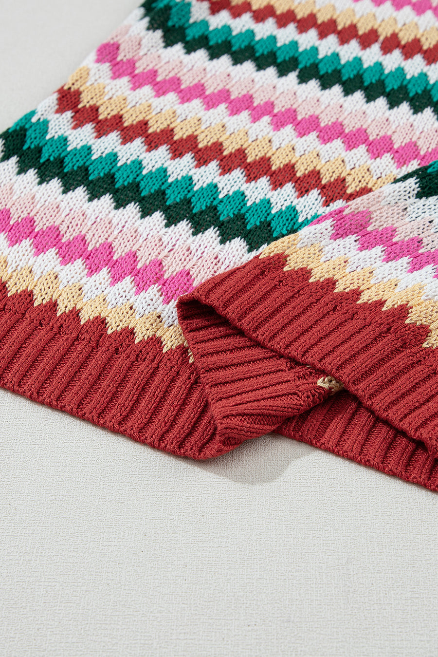 Red Multi Striped Diamond Pattern Short Sleeve Knit Sweater
