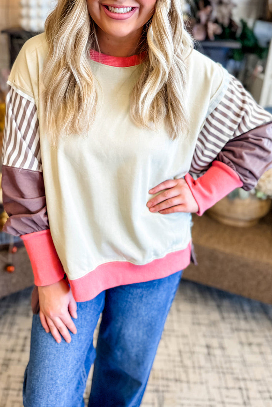 Color Block Striped Patchwork Exposed Seams Side Slits Sweatshirt