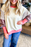Color Block Striped Patchwork Exposed Seams Side Slits Sweatshirt