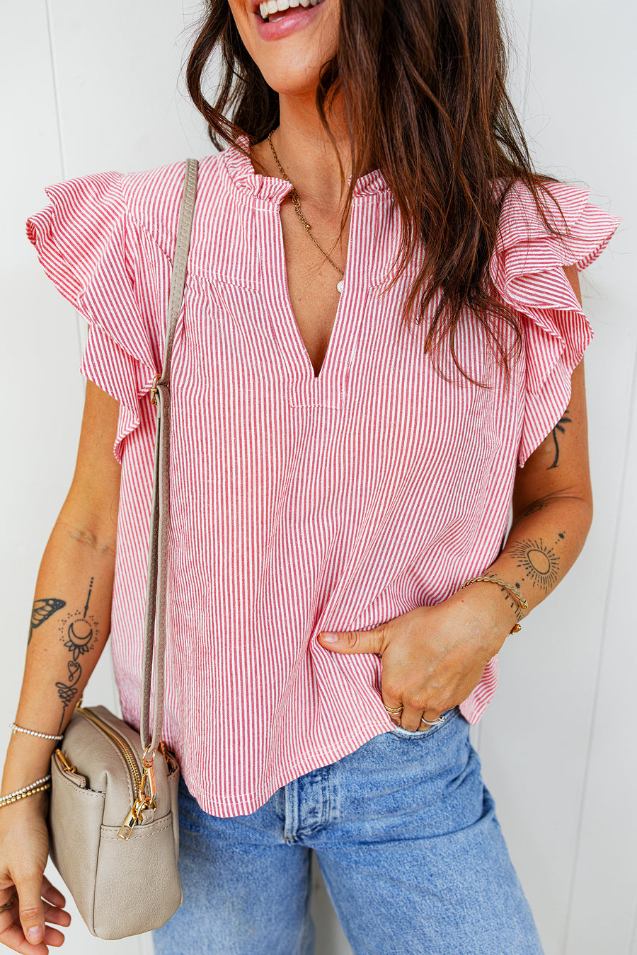 Red Striped Frilled V-Neck Double Ruffled Short Sleeve Blouse