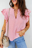 Red Striped Frilled V-Neck Double Ruffled Short Sleeve Blouse