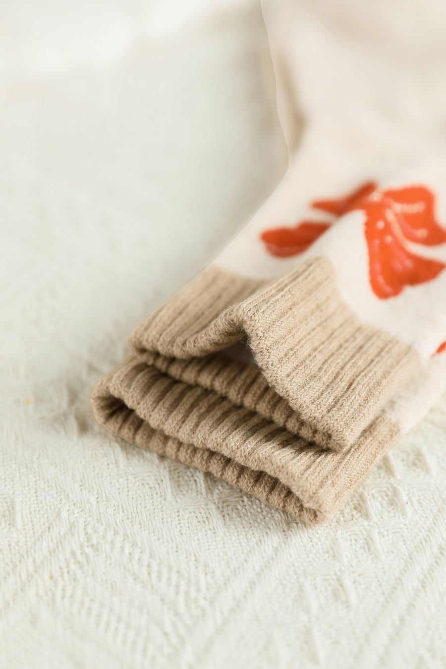 Khaki Bow Print Color Block Knit Crew Socks