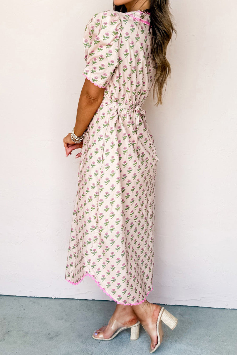 Pink Floral Print V-Neck Scallop Trim Button-Up Short Sleeve Maxi Dress