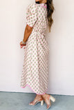Pink Floral Print V-Neck Scallop Trim Button-Up Short Sleeve Maxi Dress