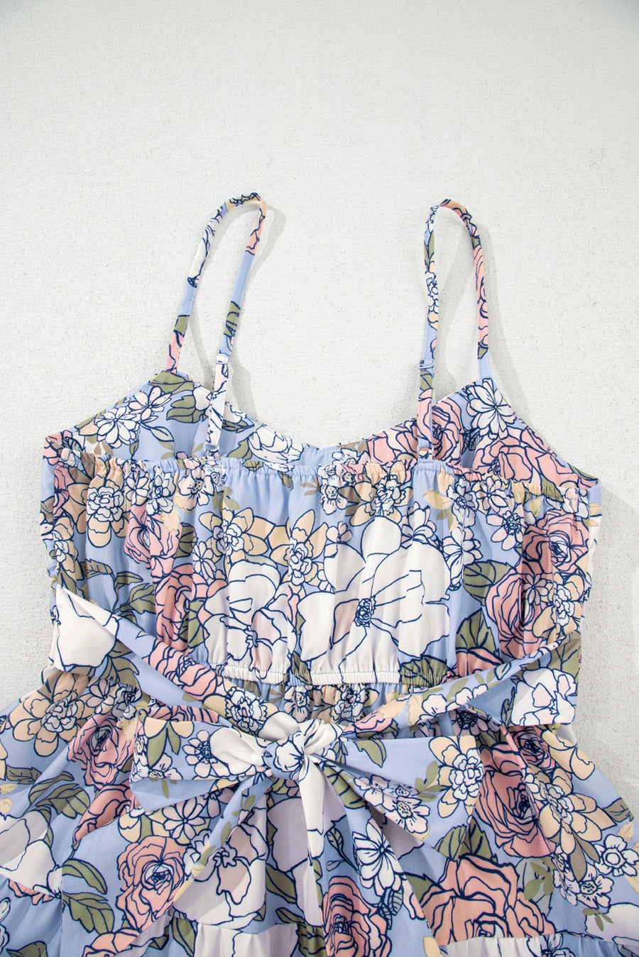 Sky Blue Floral Tiered Patchwork Spaghetti Strap Mini Dress