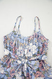 Sky Blue Floral Tiered Patchwork Spaghetti Strap Mini Dress