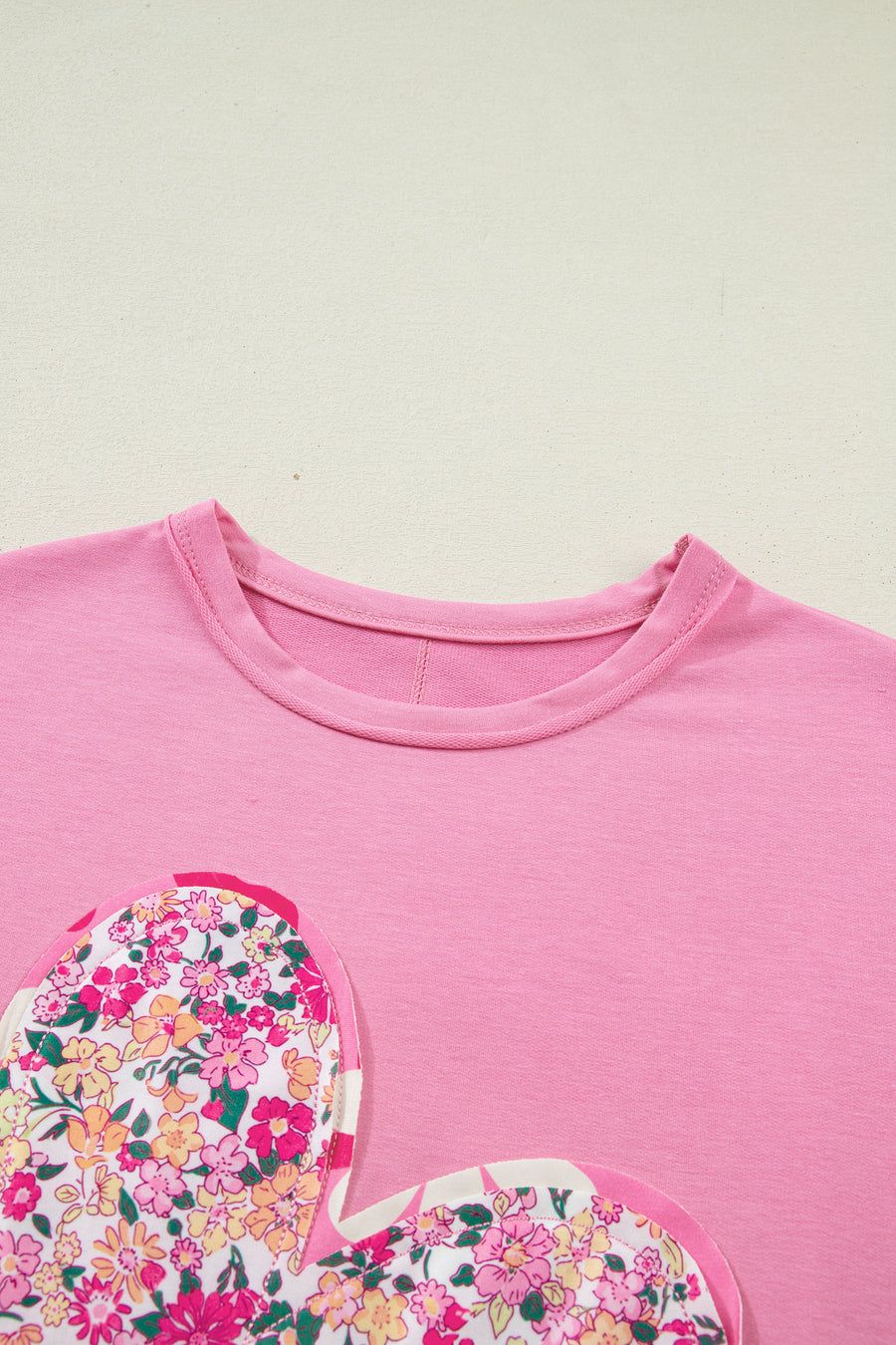 Pink Floral Patched Exposed Seam Oversized T-Shirt- 2 Colors