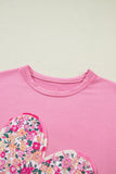 Pink Floral Patched Exposed Seam Oversized T-Shirt- 2 Colors