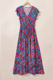 Blue Floral Print V-Neck Wrap Split Maxi Dress