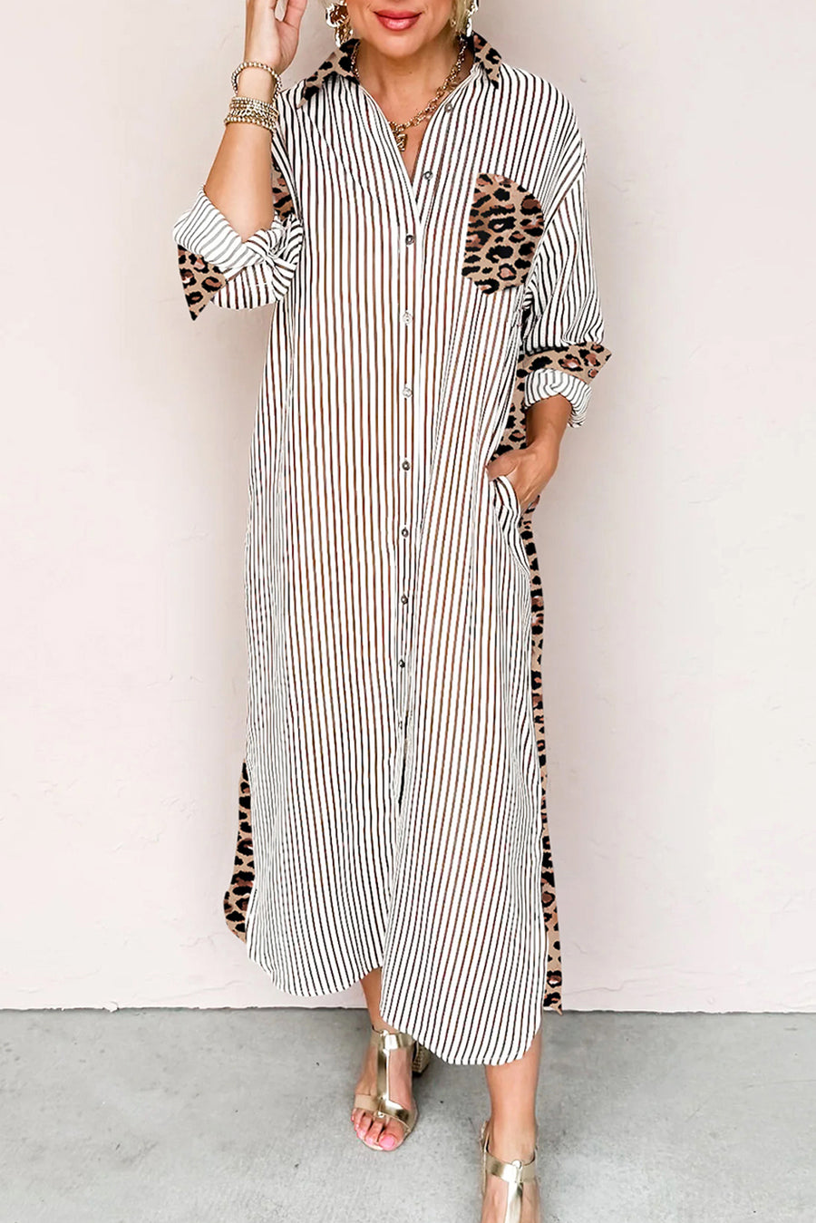Striped Contrast Trim Leopard Patchwork Long Sleeve Midi Shirt Dress- 2 Colors