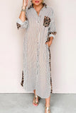 Striped Contrast Trim Leopard Patchwork Long Sleeve Midi Shirt Dress- 2 Colors