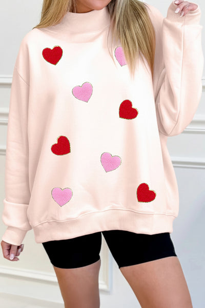 Apricot Pink Glitter Heart Patched Mock Neck Sweatshirt