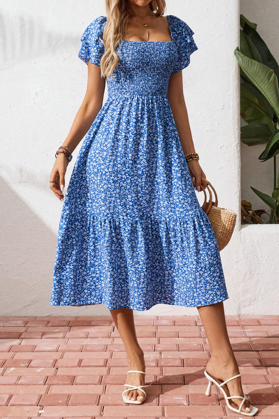 Floral Print Smocked Ruffle Sleeves Dress B