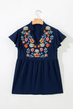 Navy Blue V-Neck Ruffled Sleeve Floral Embroidered Babydoll Blouse