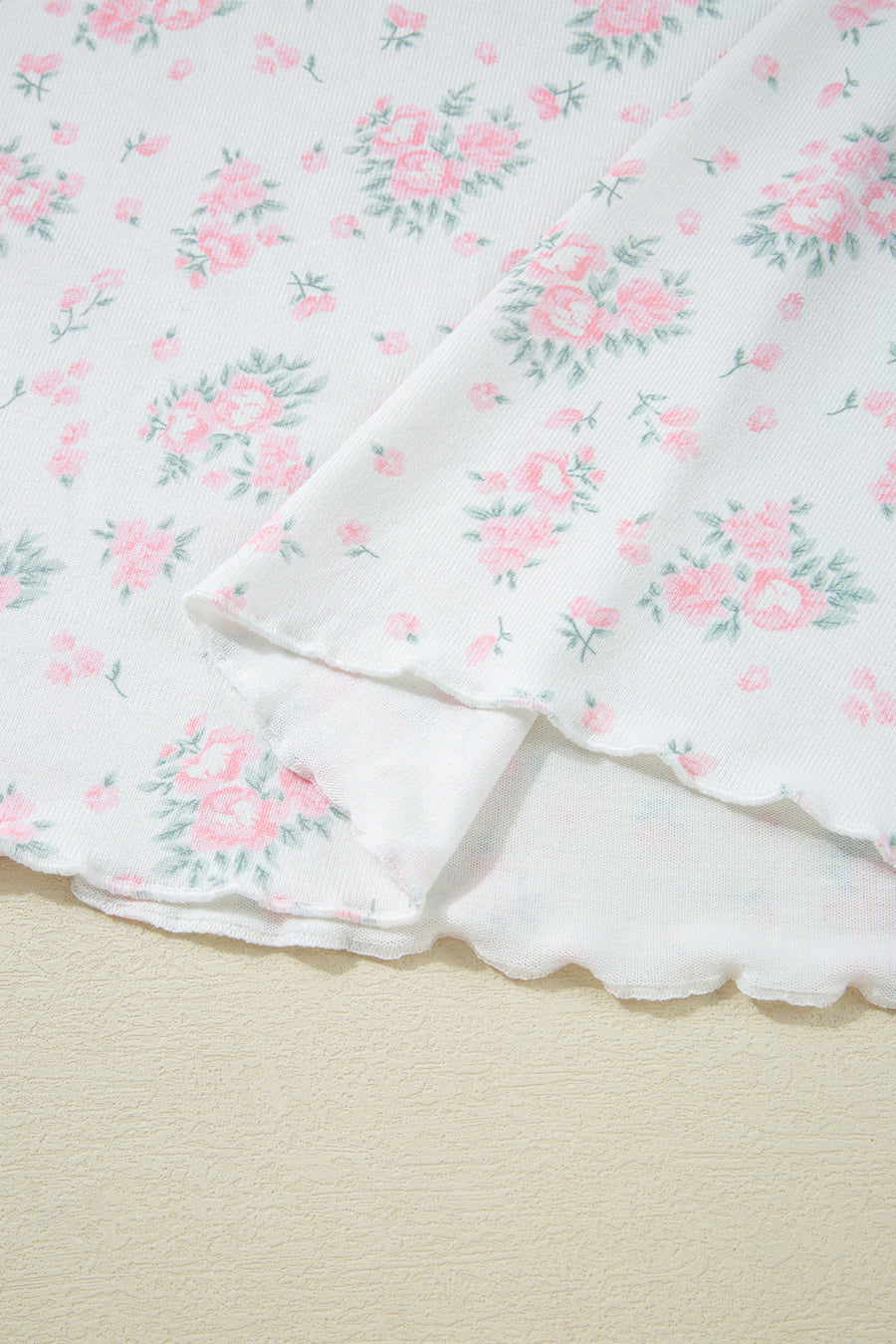 Pink Floral Print Lettuce Trim Short Sleeve Top and Shorts Pajama Set