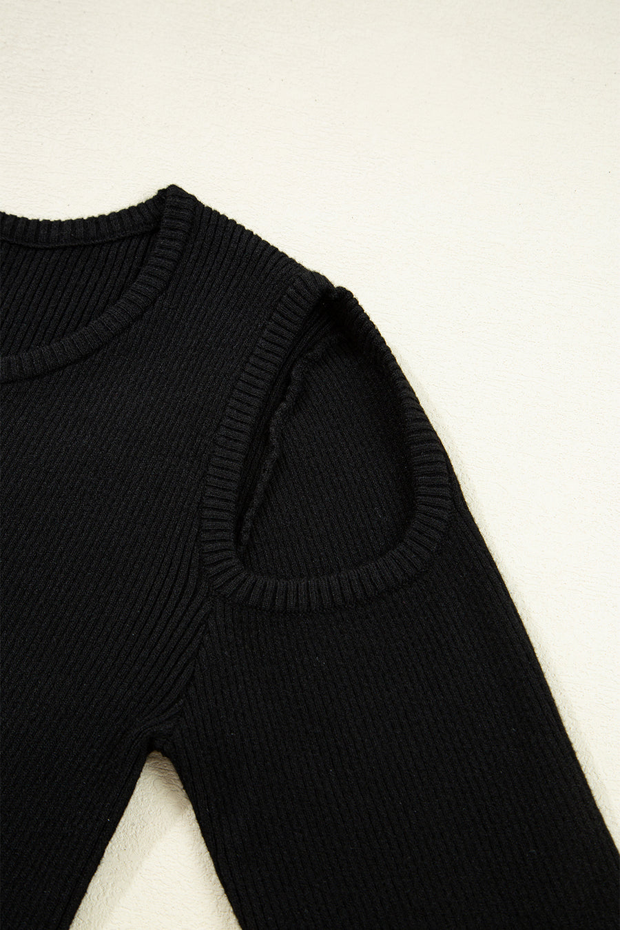 Black Ribbed Knit Cold Shoulder Plain Sweater