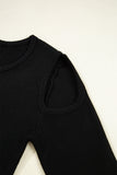 Black Ribbed Knit Cold Shoulder Plain Sweater