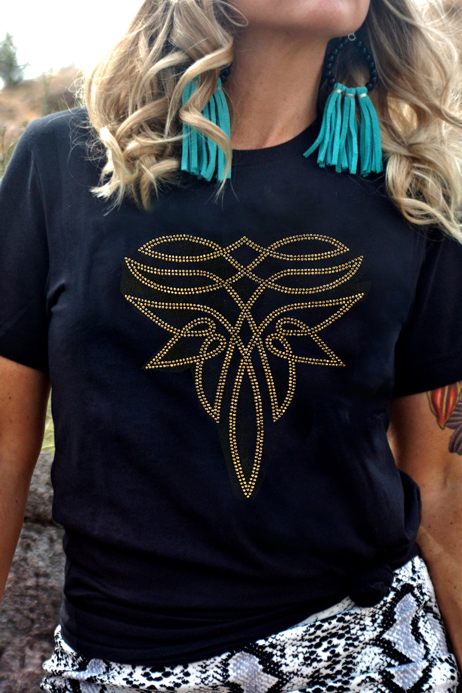 Black  Boot Stitch Pattern Rhinestone Transfer Cotton Blend Tee