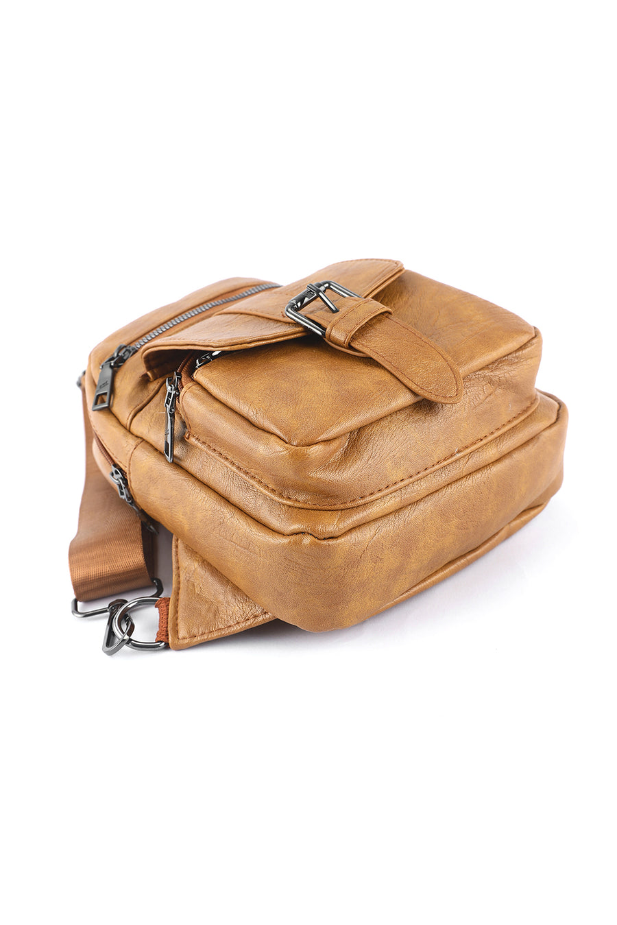 Khaki Vintage Zipper Multi Pockets PU Sling Bag