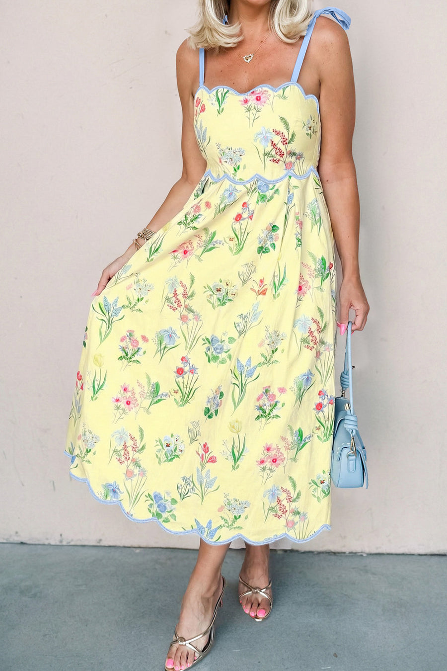 Floral Contrast Trim Tie Strap Midi Dress B