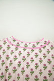 Pink Floral Print V-Neck Scallop Trim Button-Up Short Sleeve Maxi Dress