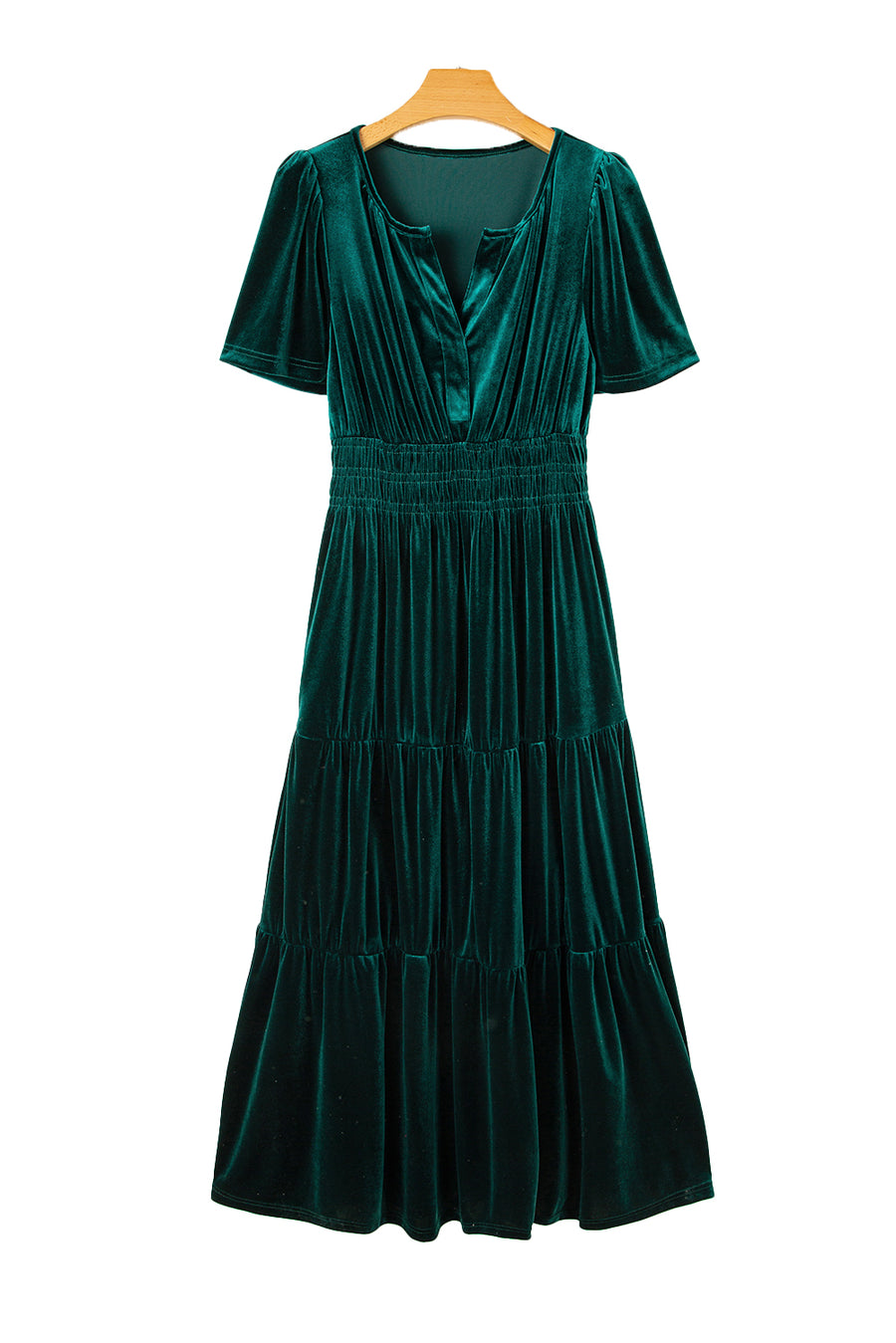 Velvet Puff Short Sleeve Smocked Waist Tiered Maxi Dress with Pockets- 3 Colors