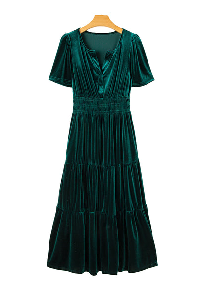 Velvet Puff Short Sleeve Smocked Waist Tiered Maxi Dress- 3 Colors