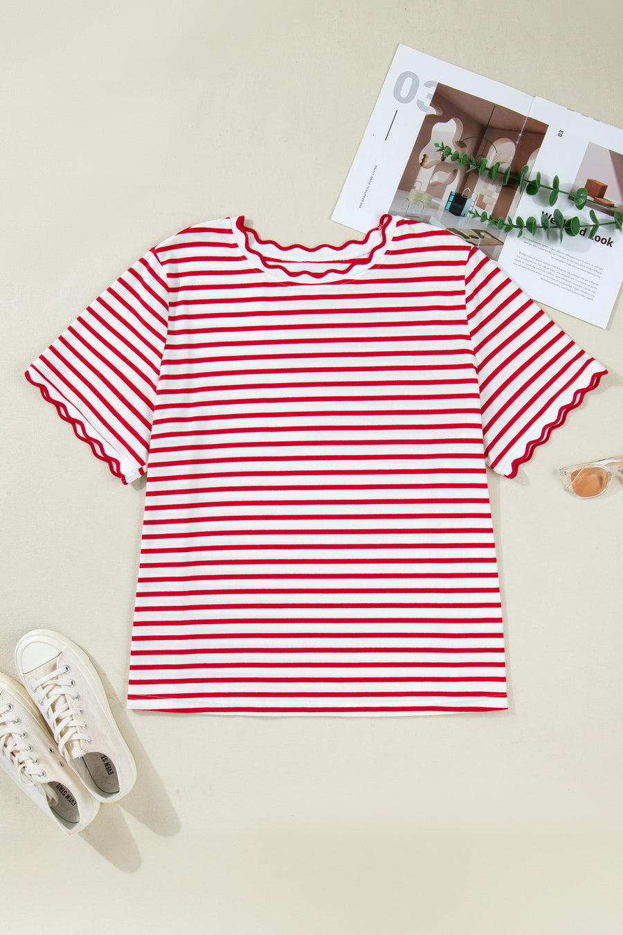 Plus Size Red Striped Scalloped Trim Crew Neck Short Sleeve T-Shirt