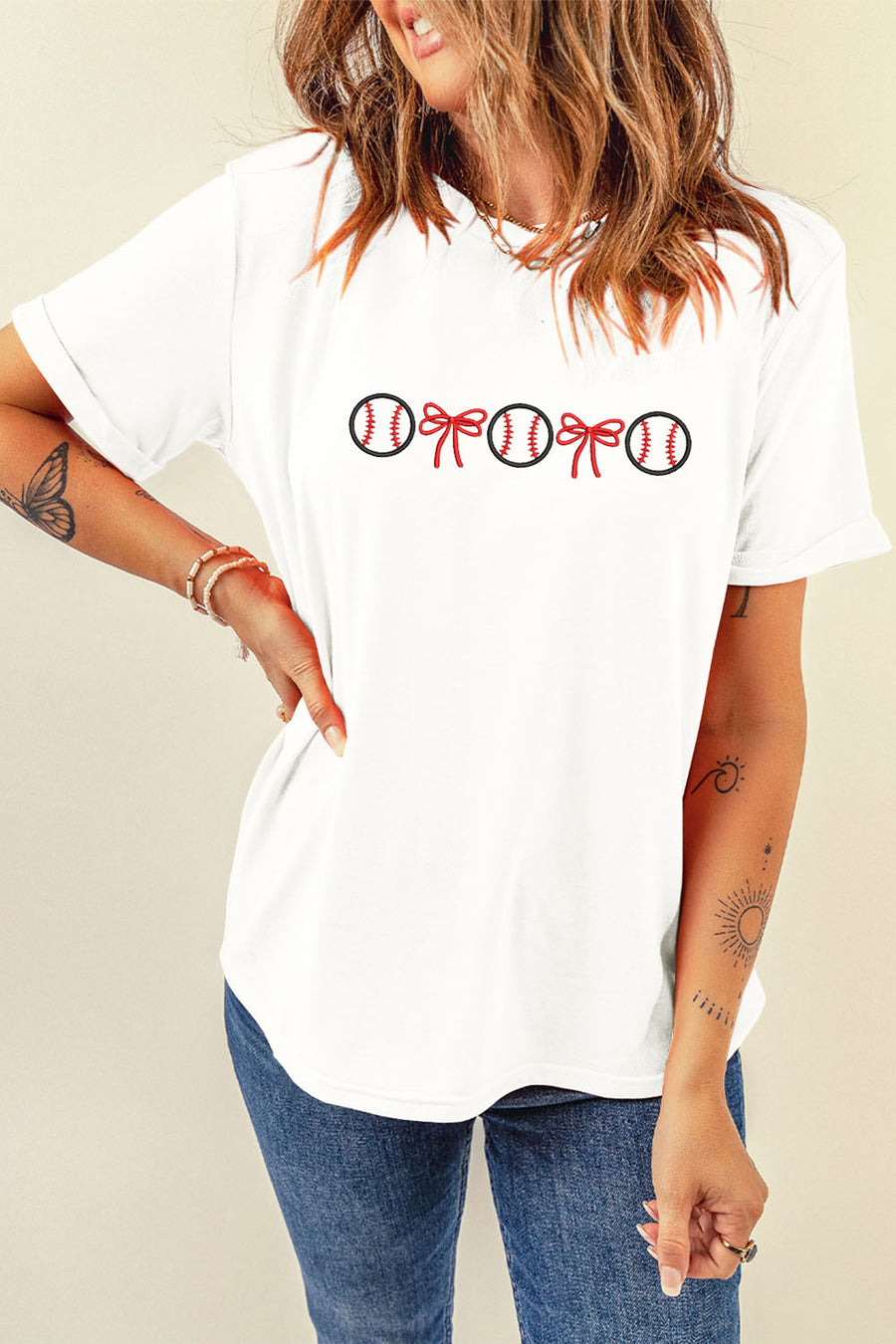 White Baseball Bow Embroidered  T-Shirt