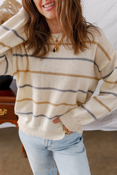 Brown Striped Ribbed Edge Drop Shoulder Sweater