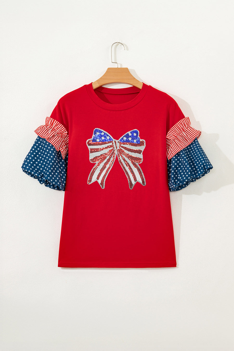Red American Sequin Bow Contrast Puff Sleeve Blouse