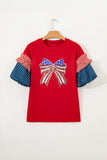 Red American Sequin Bow Contrast Puff Sleeve Blouse