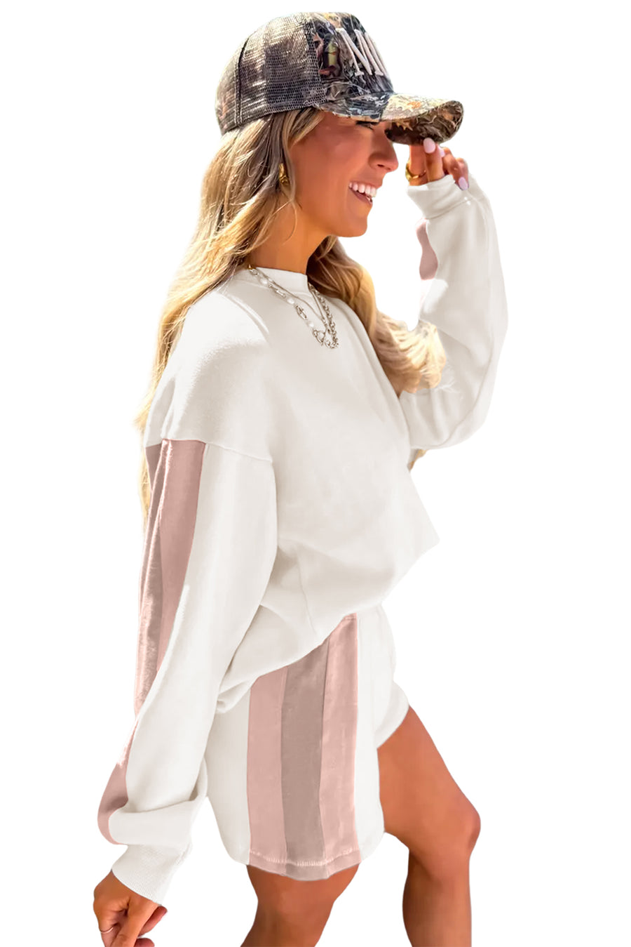 White Color Block Drop Shoulder Pullover Sweatshirt & Shorts Outfit