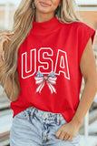Red USA American Flag Bow Mock Neck Cap Sleeve Graphic T-Shirt