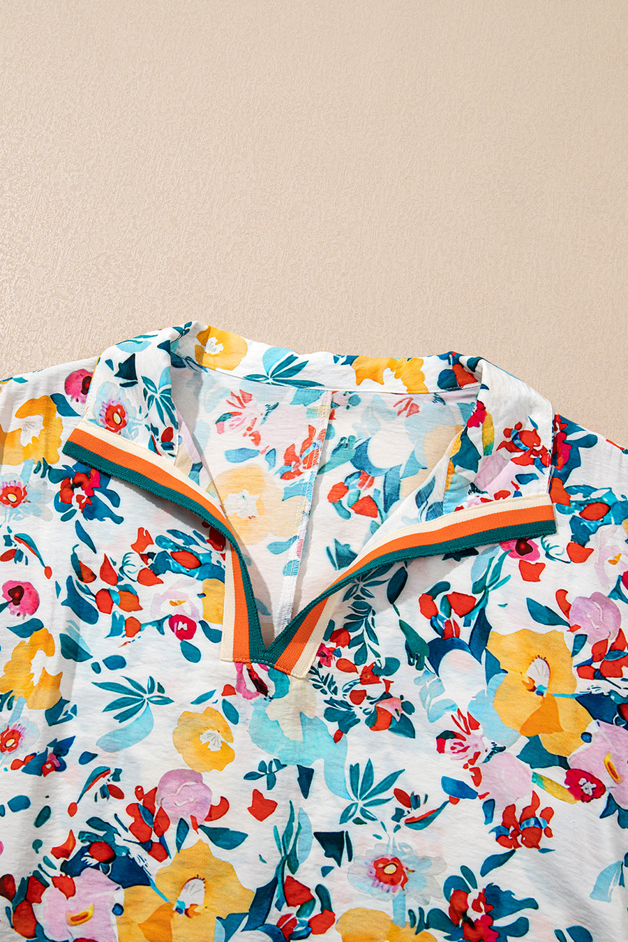 Floral V-Neck Contrast Trim Short Sleeve Blouse- 2 Colors