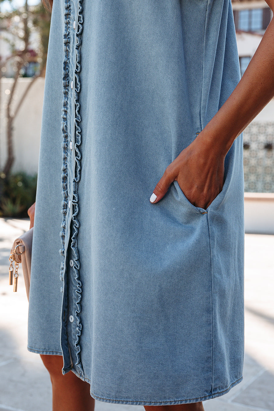 Frill Neck Button-Up Ruffled Short Sleeve Denim Mini Dress- 2 Colors