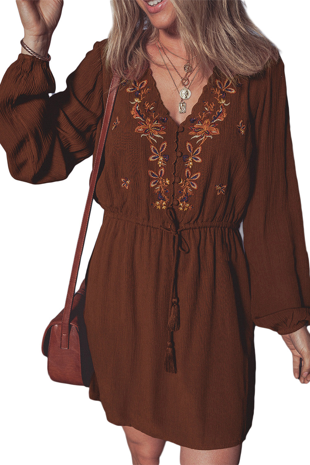 Burgundy Floral Embroidered Tassel Tie Waist Long Sleeve Mini Dress