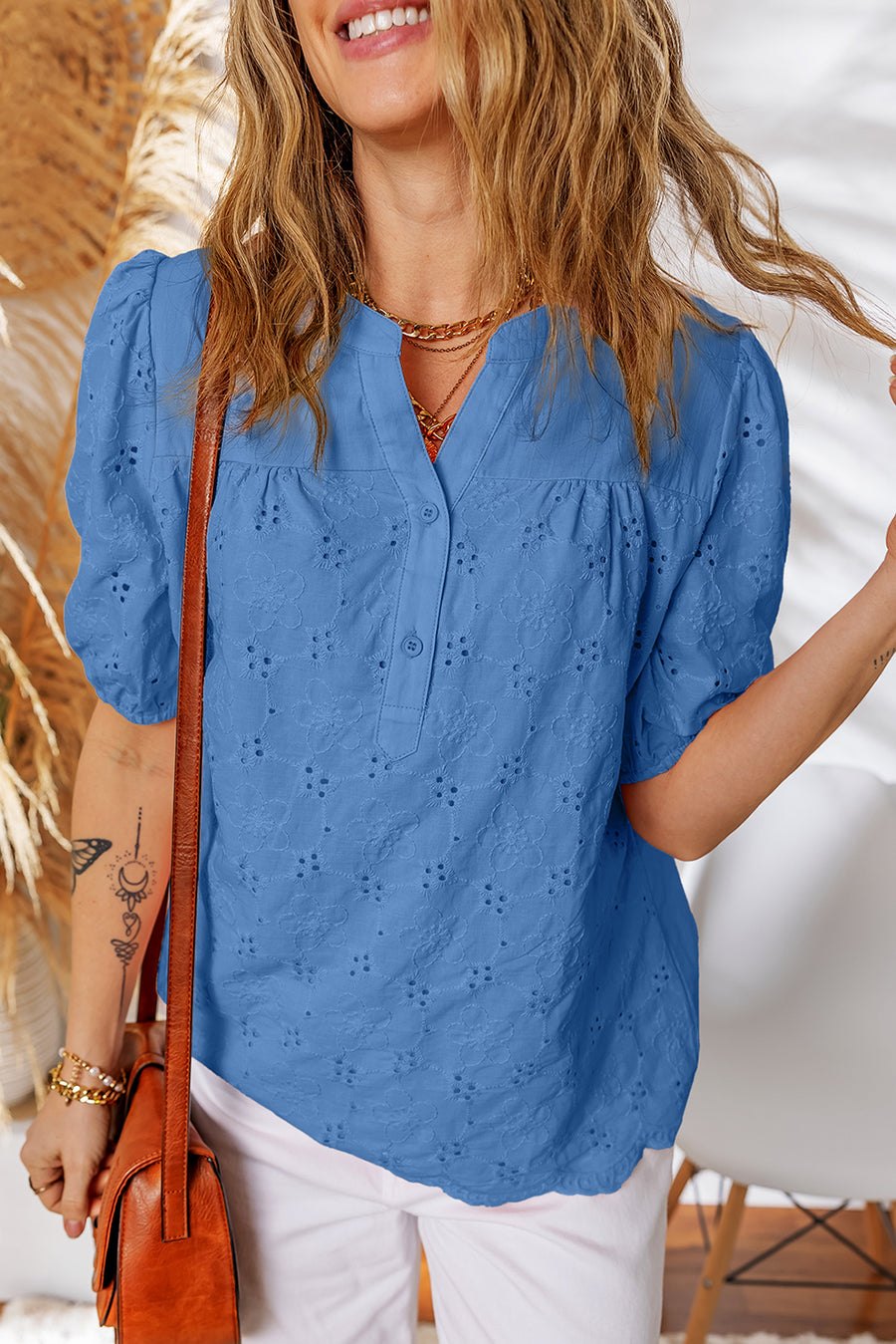 V-Neck Short Sleeve Eyelet Button-Up Blouse- 3 Colors