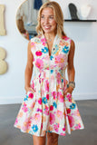 Pink and Blue Floral Print V-Neck Zip-Up Smocked Waist Flared Mini Dress