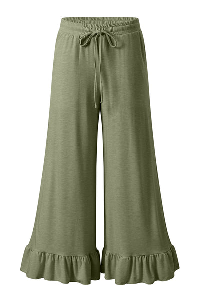 Jungle Green Solid Color Ruffle Hem Wide Leg Pants