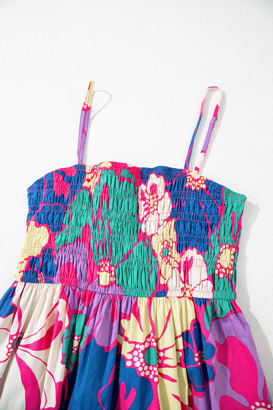 Multicolored Tropical Floral Print Shirred Spaghetti Strap Loose Maxi Dress