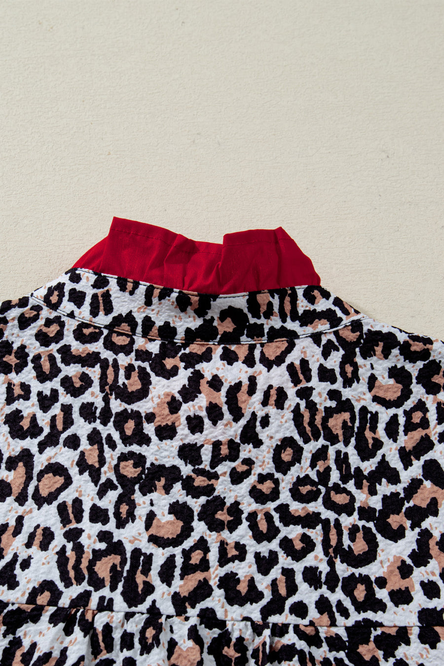 Leopard Print Contrast Frilled V-Neck Button-Up Blouse