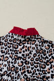 Leopard Print Contrast Frilled V-Neck Button-Up Blouse