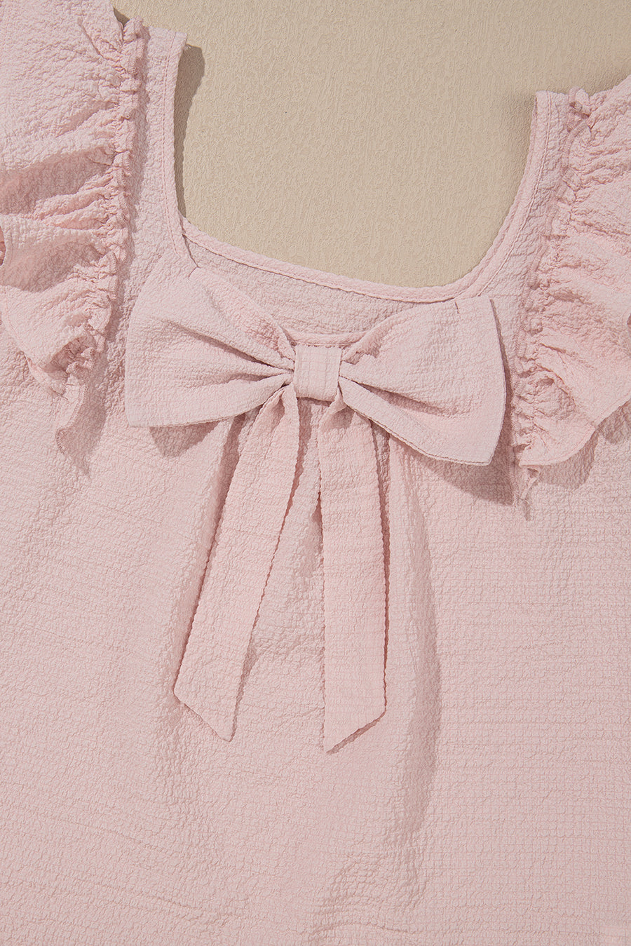 Textured Bow Frilled Ruffle Sleeve Blouse- Light Pink