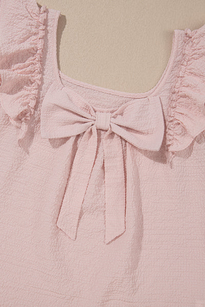 Pink Gossamer Textured Bow Frilled Ruffle Sleeve Blouse